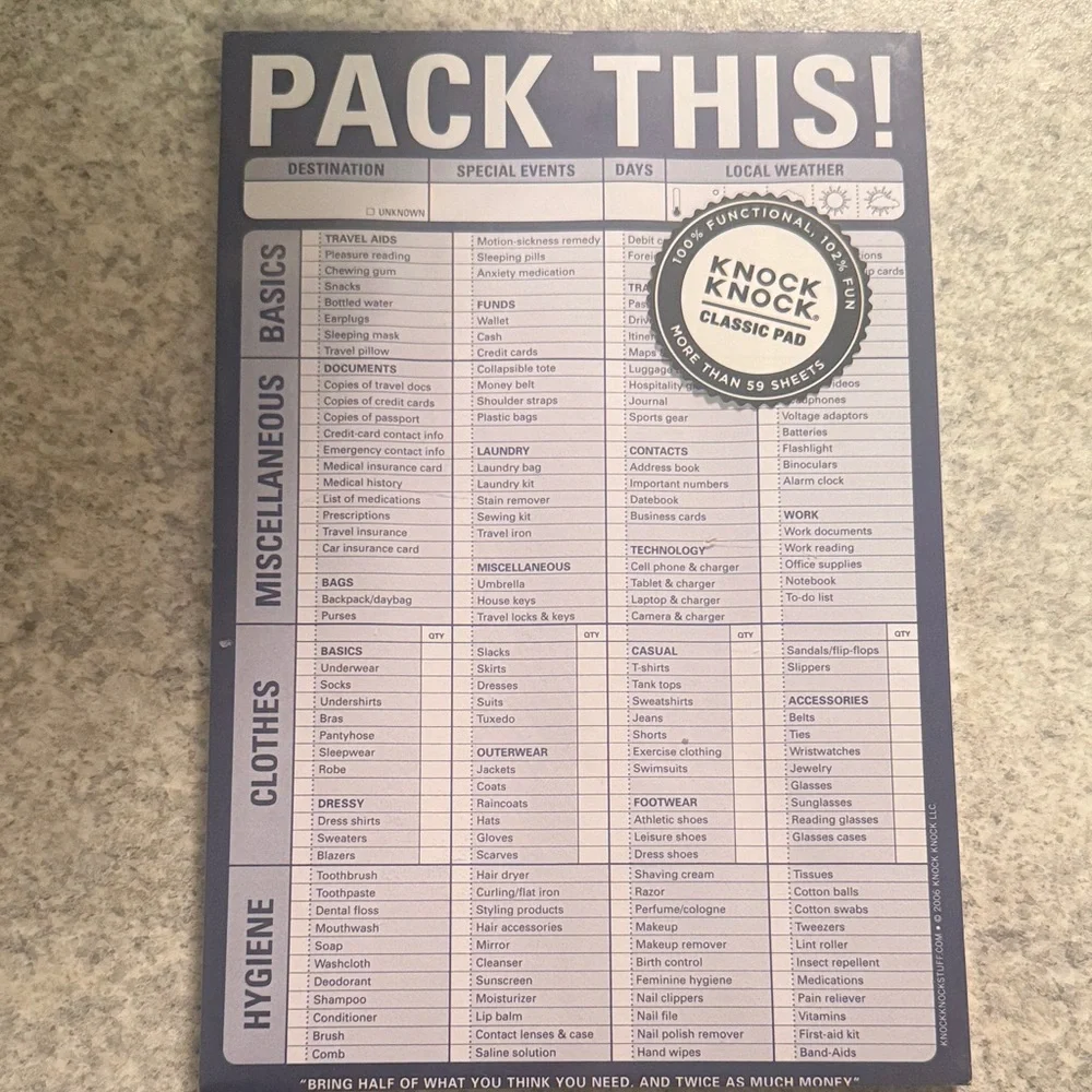 Knock Knock Packing List Notepad - 60 sheets NEW